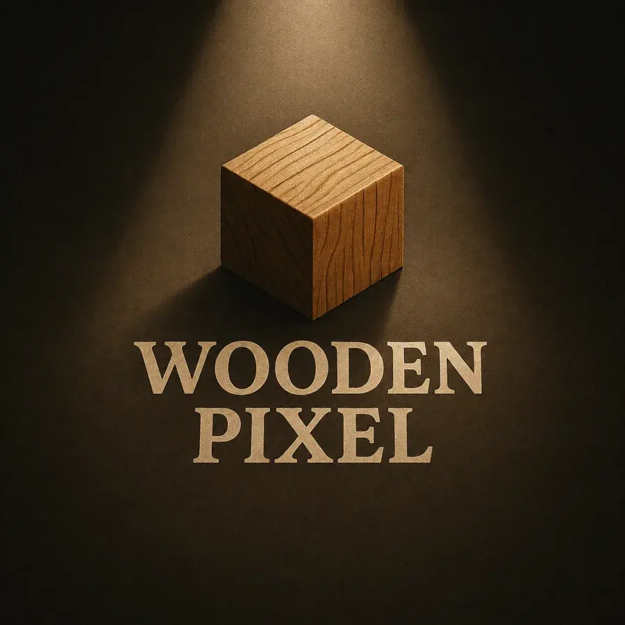A wooden block under a spotlight above the words Wooden Pixel